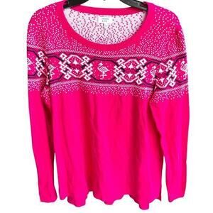 CROWN & IVY bright pink FairIsle Flamingo tropical Beachy Preppy sweater sz L